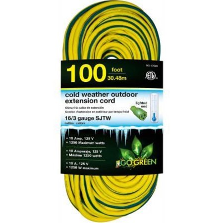 GOGREEN GoGreen 16/3 100' Cold Weather Outdoor Extension Cord, Yellow w/Green Stripe. Lighted End GG-17700